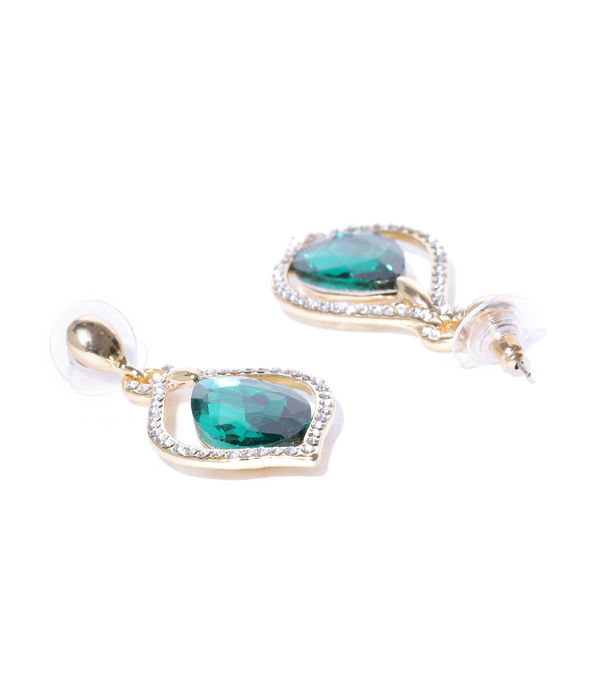 YouBella Off-White  Green Gold-Plated Teardrop Shaped Drop Earrings
